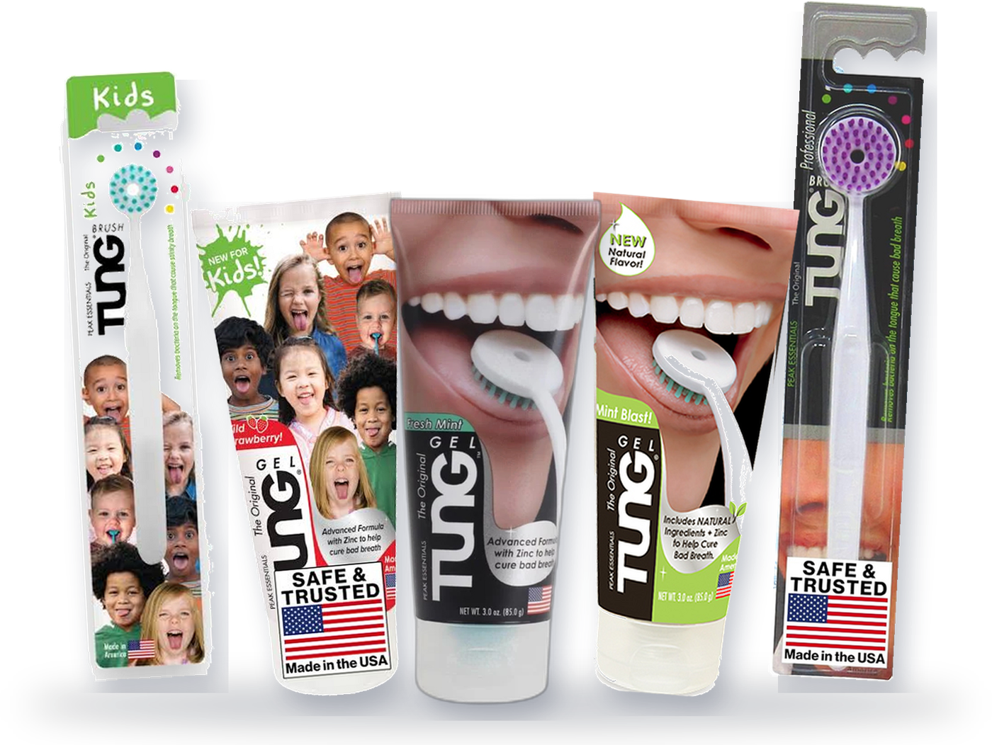 The TUNG range: TUNG Brush, TUNG Gel, Natural Mint Blast Gel, TUNG Kids Brush and TUNG Kids Strawberry Gel